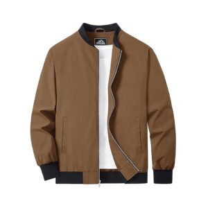 Men's Bomber Jacket Spring Thin Lightweight Casual Windbreaker Multi-Pocket Full-Zip Varsity Baseball Jacket (Dark Brown)
