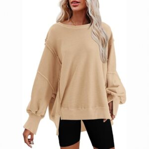 Women’s Oversized Crewneck Sweatshirt – Long Sleeve Slouchy Pullover with Side Slits | Casual Fall & Winter Top