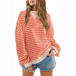 Women’s Oversized Striped Crewneck Sweatshirt – Color Block Long Sleeve Casual Pullover Top